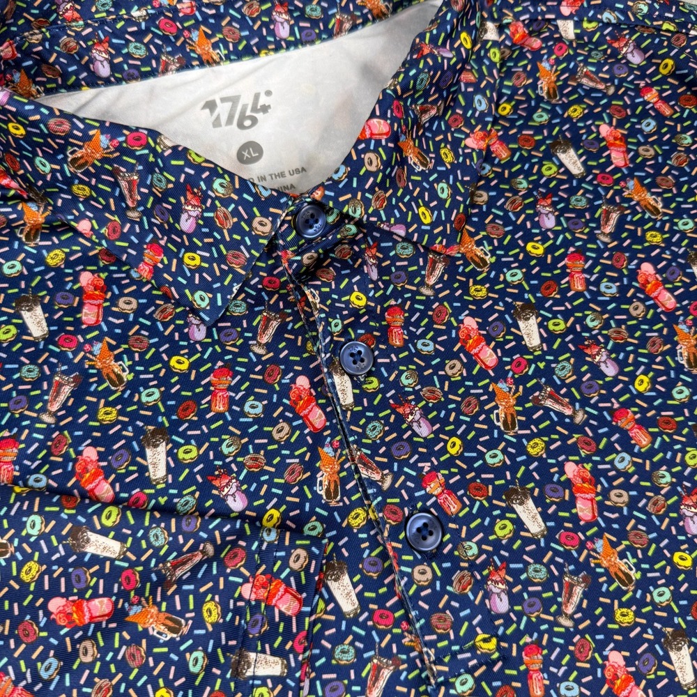 1764 Golf Polo Shirt Mens XL Blue Donut Milkshake Ice Cream Dessert AOP Stretch